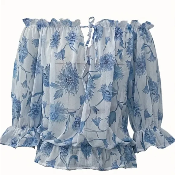 Sheer Floral white and blue off shoulder top - Picture 2 of 3